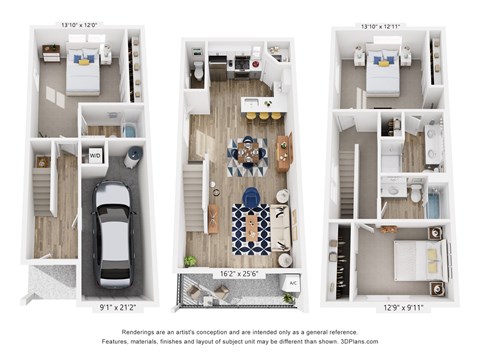 Floor plan for 3 beds, 3.5 baths, 1652 sqft